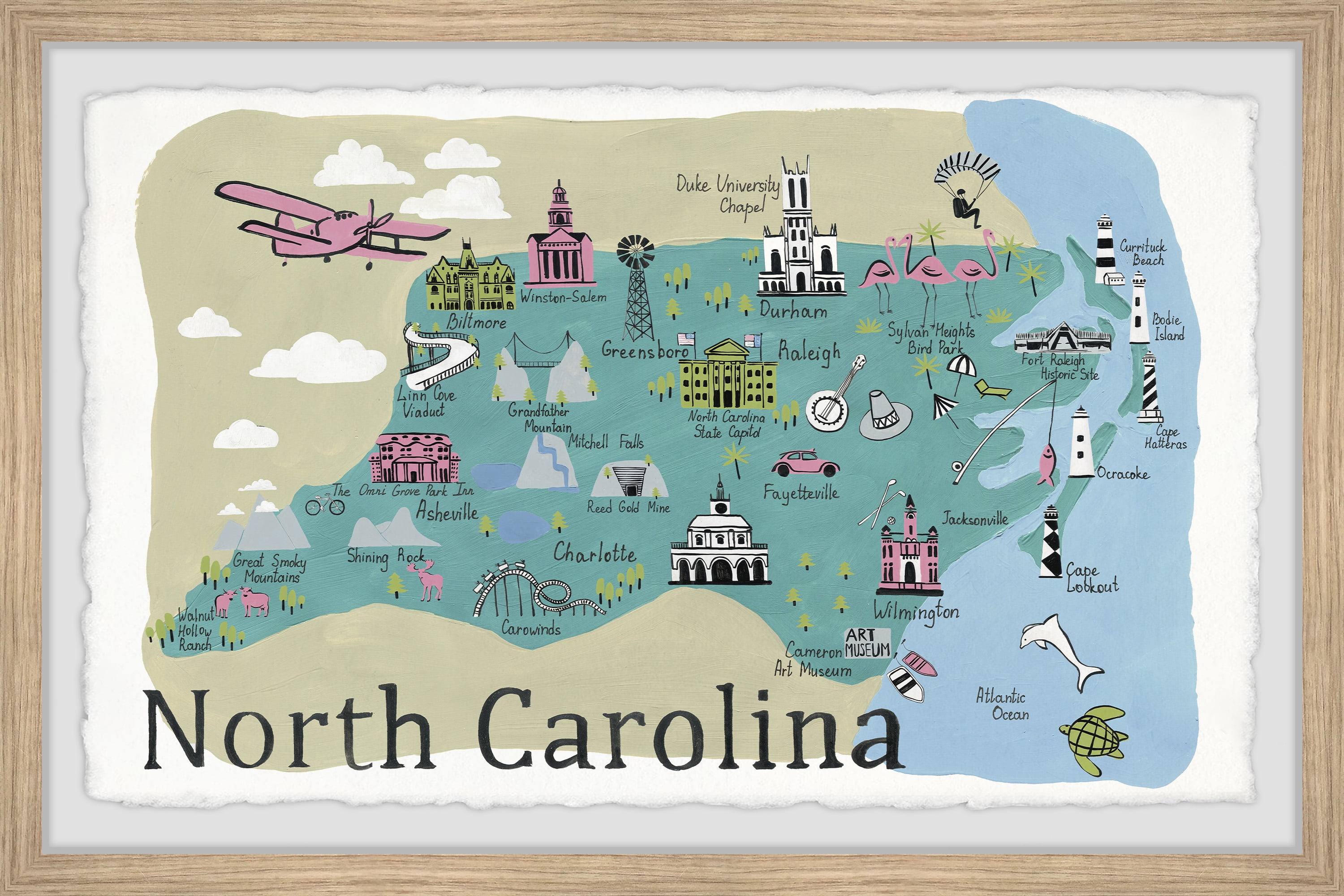 North Carolina Map Print Framed Wall Art in Beige Wood