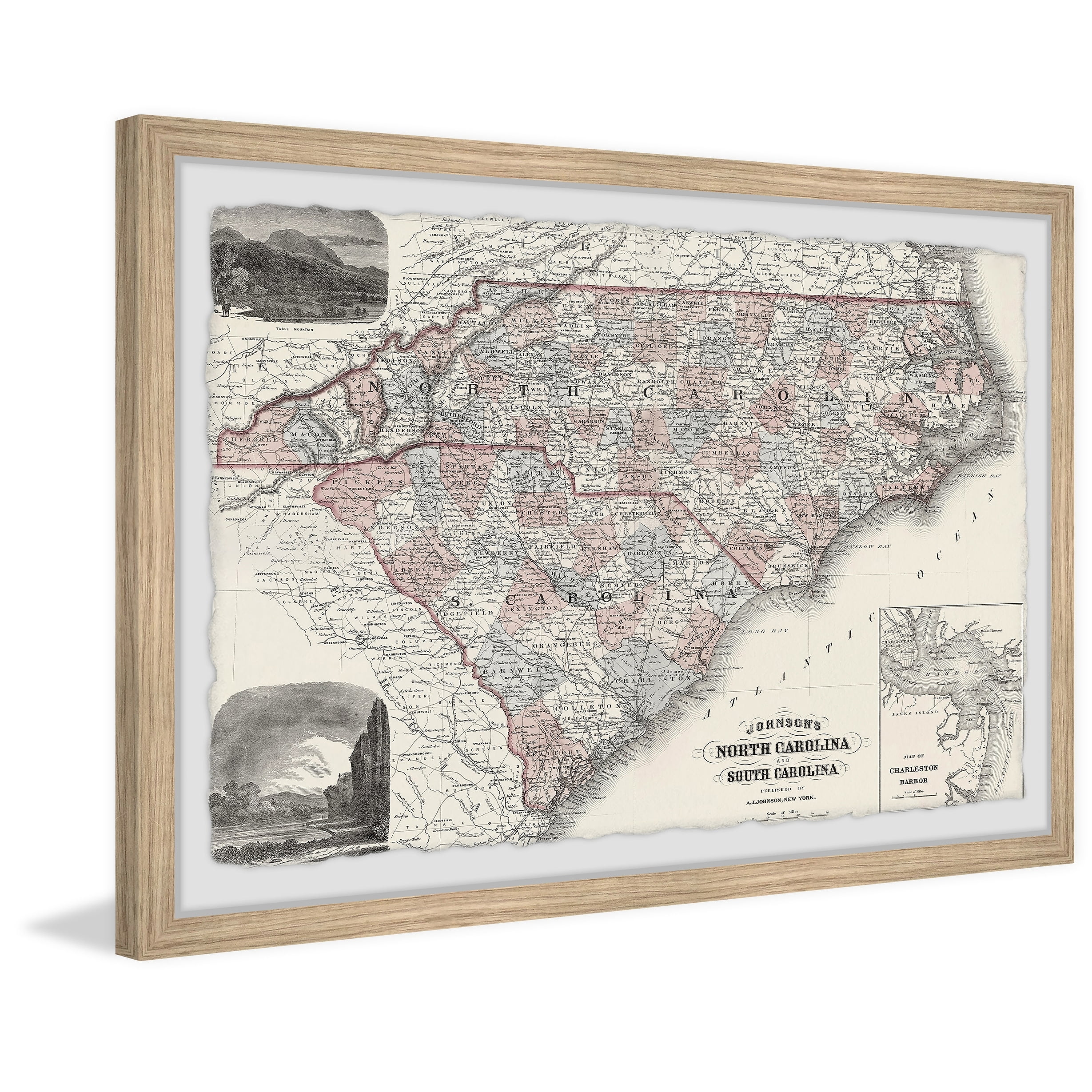 Vintage North Carolina and South Carolina Framed Map Print