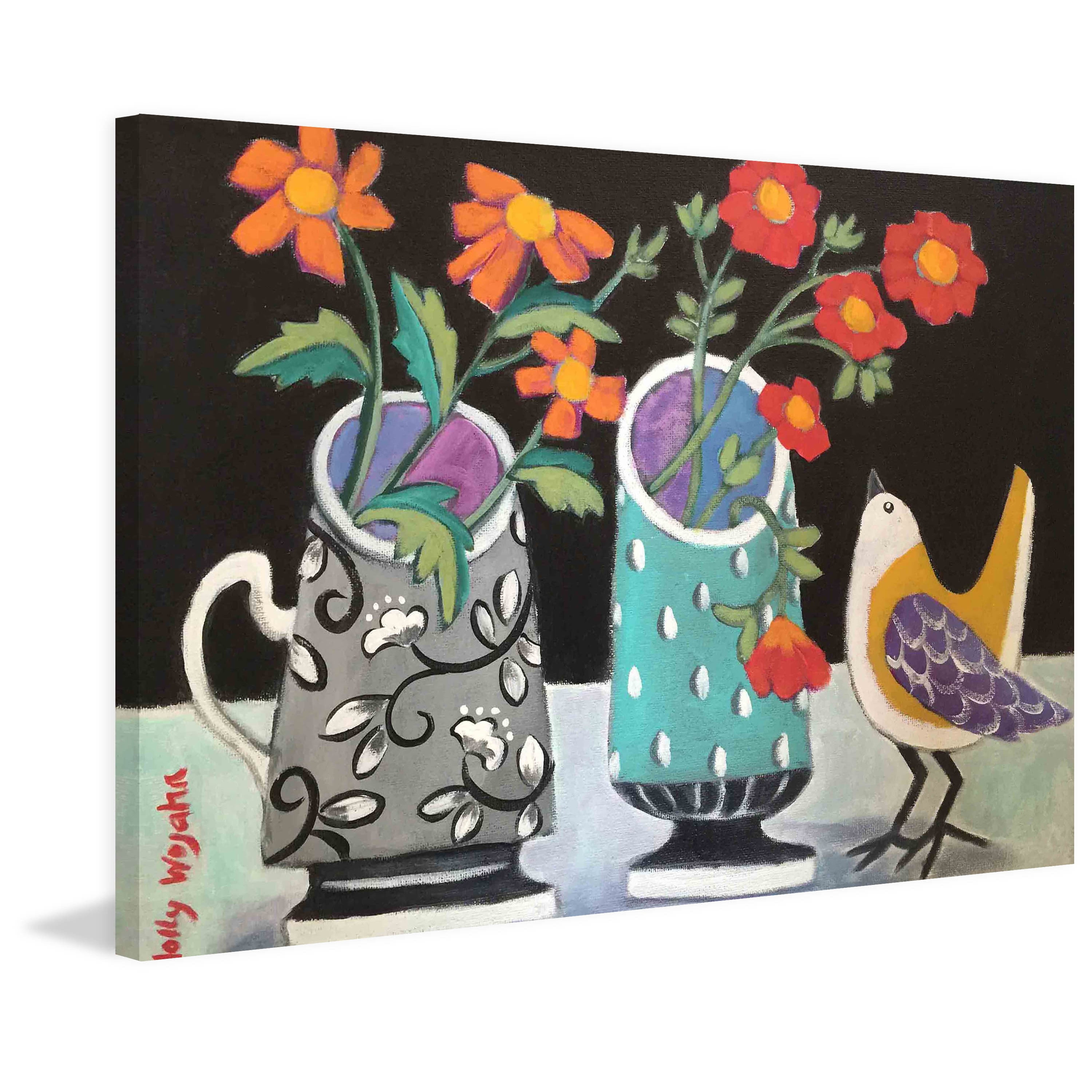 Marmont Hill "Two Cheery Vases and a Chirp" Painting Print on Canvas