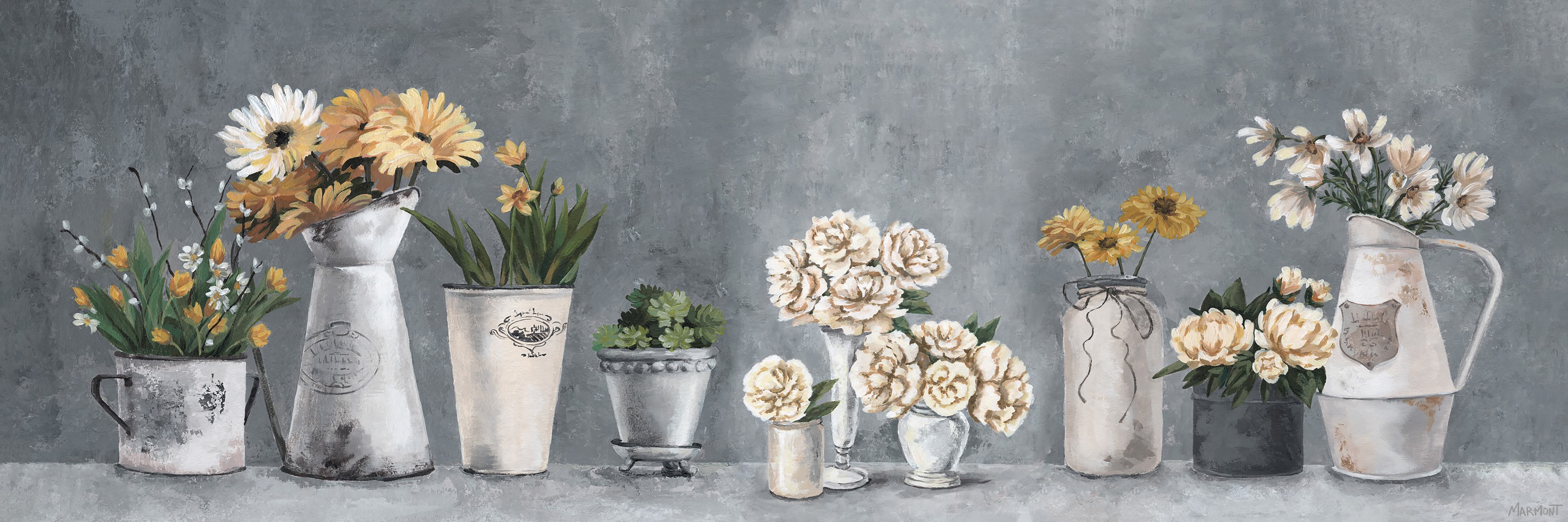 Rustic Gray Canvas Wall Art with Peach and White Flowers, 20" x 60"