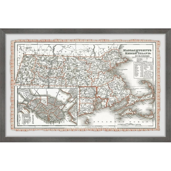 Marmont Hill Vintage Map of Massachusetts Framed Wall Art, 1.50" x 12.00"