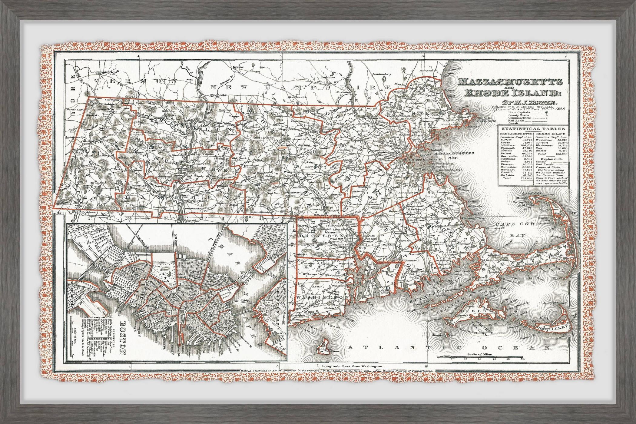 Marmont Hill Vintage Map of Massachusetts Framed Wall Art