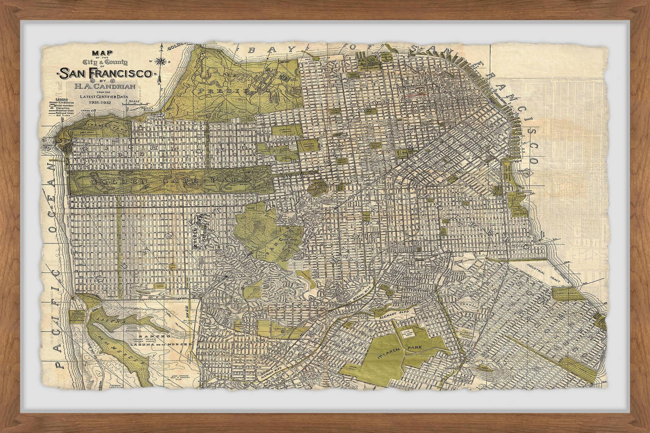 Marmont Hill Vintage San Francisco Map Framed Wall Art, 16" x 24"