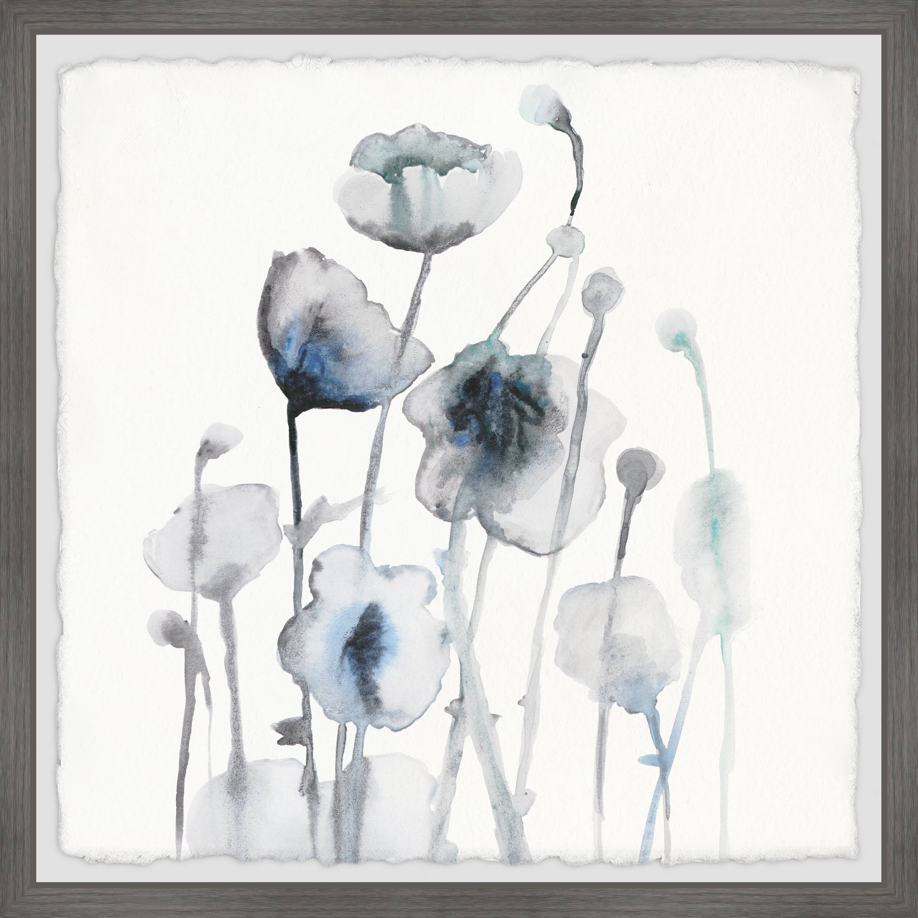 Monochrome Blue Accent Watercolor Floral Print in Gray Frame