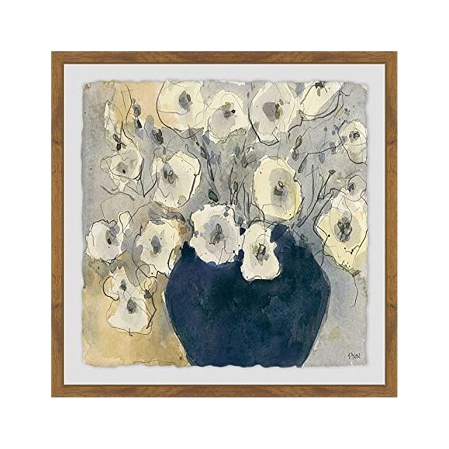 White Blossom Study Framed Floral Print in Blue Vase