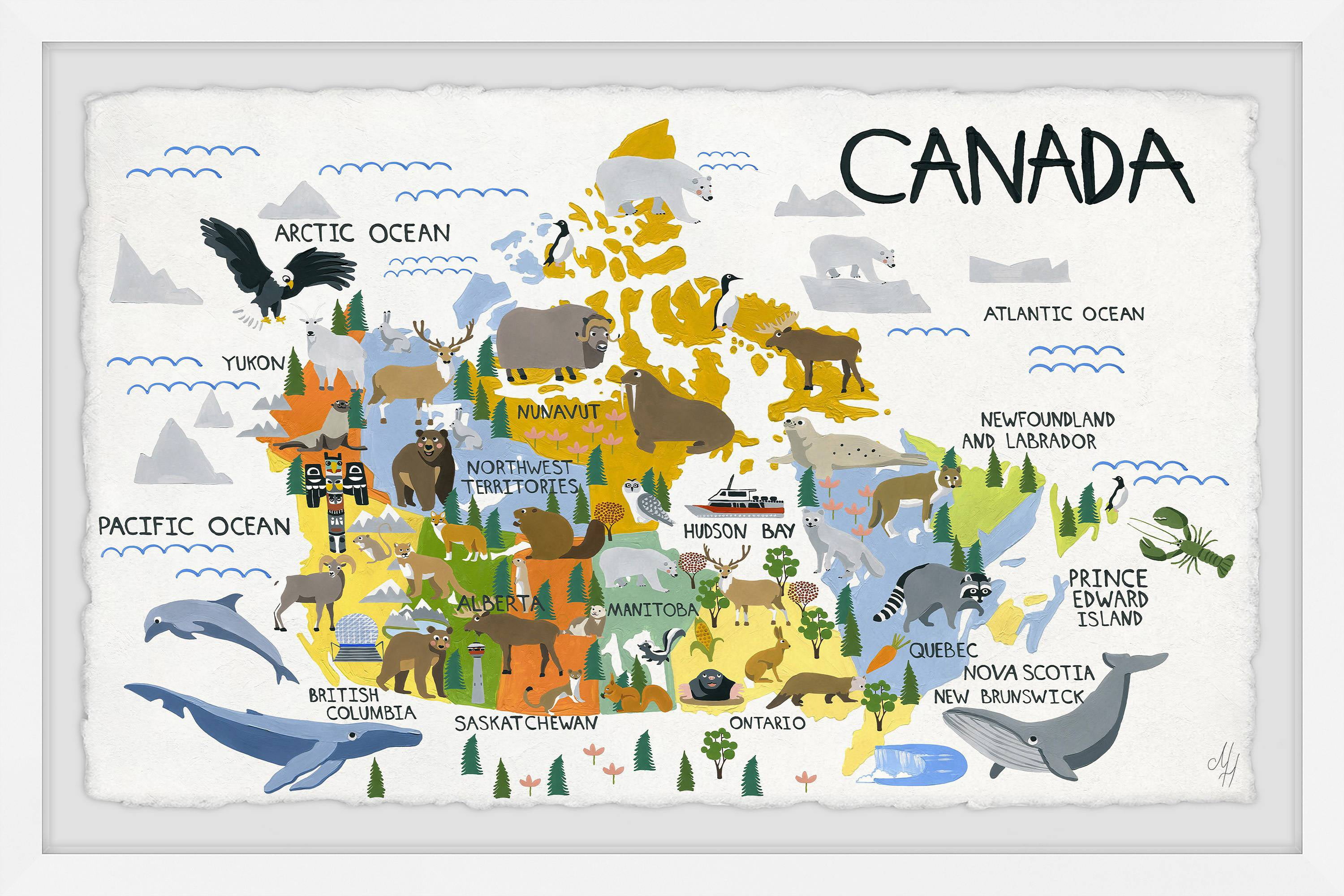 Marmont Hill Yellow Canadian Map Framed Wall Art, 36" x 1.5"