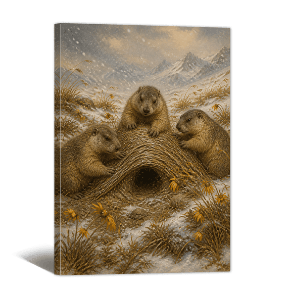 Marmot Building Cave in Snow Canvas Wall Art Whimsical Animal Picture Print, Fantasy Fairy Tale Artwork Vintage Oil Painting for Bathroom, Home, Living room Decor