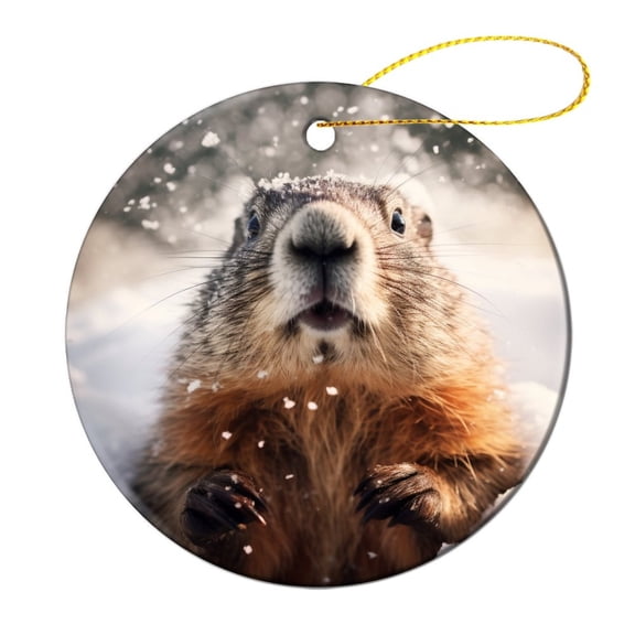 Marmot, Groundhog Animal Snowing Winter Ceramics Ornaments Animals Cute Wildlife Ceramic Double Sided Tree Xmas Ornament for Boys Girls Round Ceramic Christmas Decoration Gifts Keepsake for Family