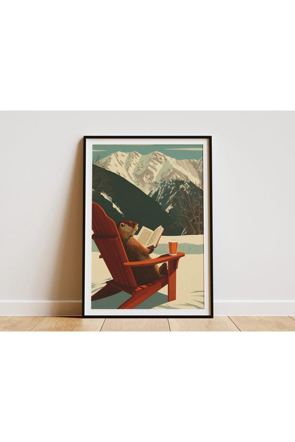 Marmot Reading Book Adirondack Chair Mountains Snow Landscape Poster Unframed Paper Print