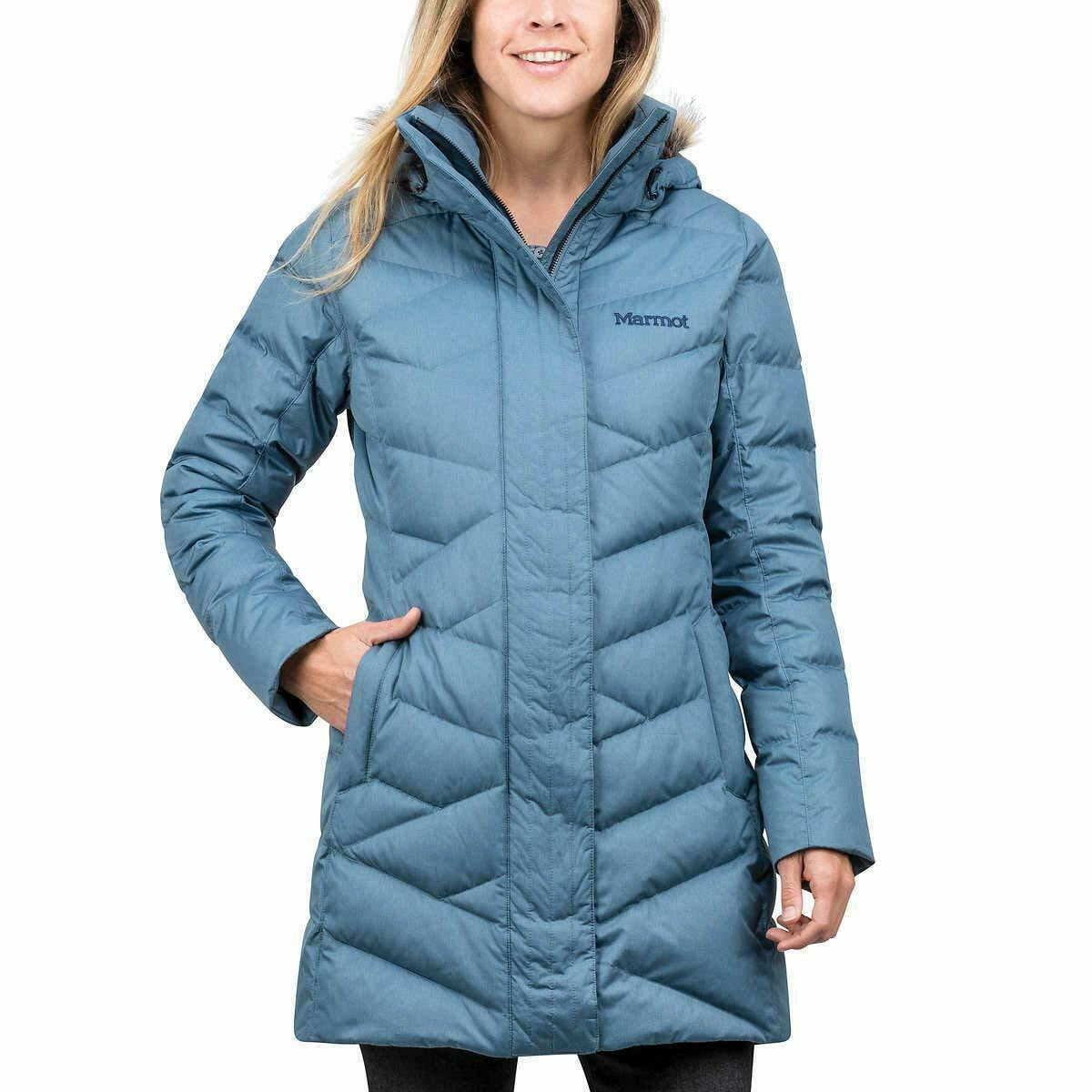 Marmot Women s Varma Long Down Jacket Coat Storm Cloud Blue Large NEW