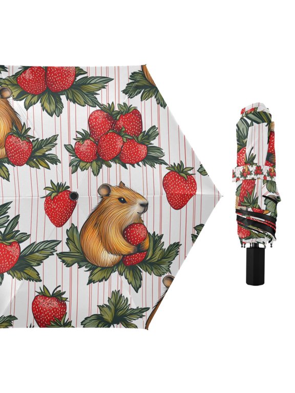 Marmot with Strawberry Compact Sun Umbrella Windproof Travel Umbrellas for Rain Strong Portable UV Protection