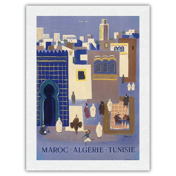 Maroc (Morocco) Algerie (Algeria) Tunisie (Tunisia) - Vintage Airline Travel Poster by Bernard Villemot c.1952 - Japanese Unryu Rice Paper Art Print 24 x 32 in