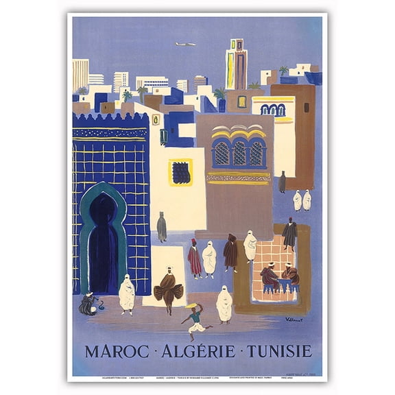 Maroc (Morocco) Algerie (Algeria) Tunisie (Tunisia) - Vintage Airline Travel Poster by Bernard Villemot c.1952 - Master Art Print 10in x 14in