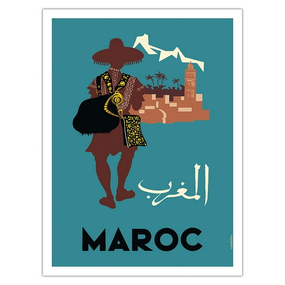 Maroc (Morocco) - Native Moroccan approaches town - Vintage Travel Poster by Claude Février c.1950s - Fine Art Matte Paper Print (Unframed) 24x32in