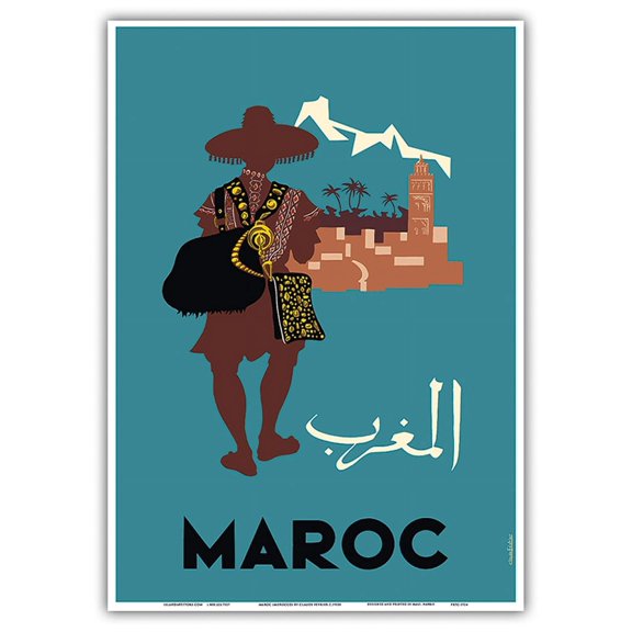 Maroc (Morocco) - Native Moroccan approaches town - Vintage Travel Poster by Claude Février c.1950s - Master Art Print 10in x 14in
