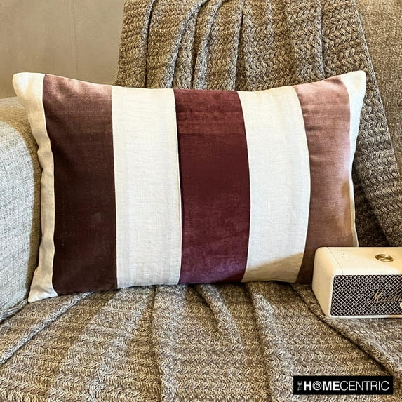 Maroon 12"x24" (30x60 cm) Lumbar Pillow Cover, Velvet & Linen Patchwork Oblong Pillow, Striped Pattern Modern Style - Swathe Berry