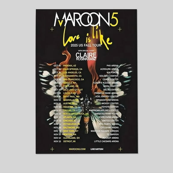 Maroon 5 Love Is Like 2025 US Fall Tour Cities Dates Poster Size 24''x36'' - Postora