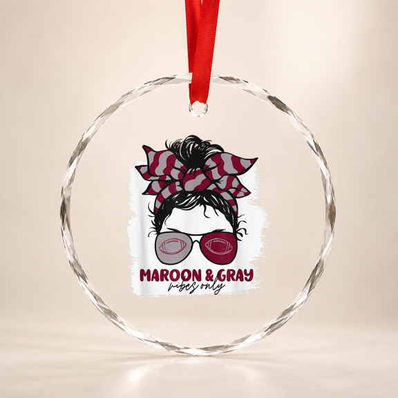 Maroon And Gray Vibes Only Football Mom Gameday Messy Hair Glass Ornament