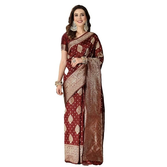 Maroon Banarasi Silk Saree | Saree With Unstitched Blouse | Bollywood Saree | Traditional Saree | Party Wear Saree | Wedding Saree