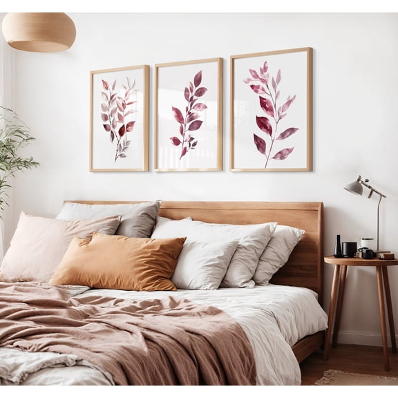 Maroon Botanical Print Set Boho Floral Wall Decor For Elegant Room Set 3 Stretched Canvas 12x18