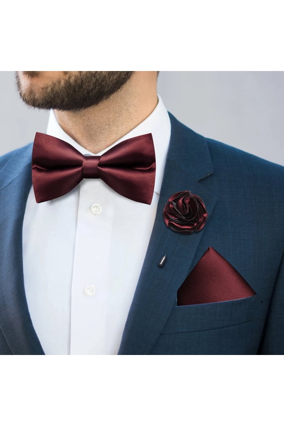 Maroon Bow Ties for Men Pre-tied Silk Bowtie and Pocket Square Cufflinks Lapel Pin Set Tuxedo Wedding Party 4PCS