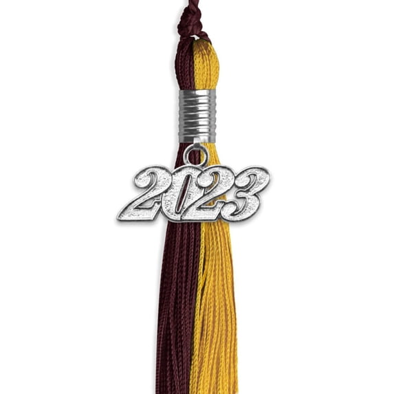 Maroon/Bright Gold Graduation Tassel with Silver Date Drop