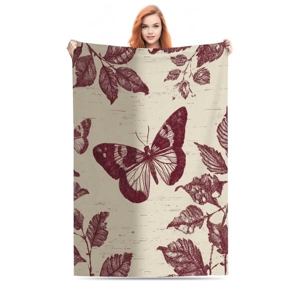 Maroon Butterflies and Foliage Lightweight Flannel Printed Blanket - Ultra Soft & Warm, All-Season Cozy Plush for Couch, Bed, Office, Camping Nap - Perfect Decorative Gift
