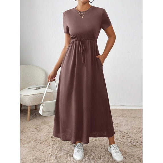 Maroon Drawstring Waist A-Line Midi Dress With Side Pockets Casual Womens Dress