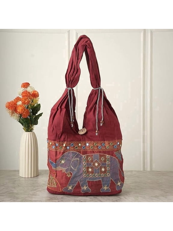 Women's Cotton Embroidered Elephant Tote Shoulder Bag, Red