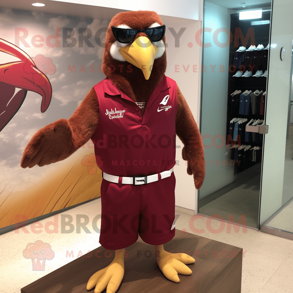 Maroon Falcon REDBROKOLY mascot costume character dressed with a ...