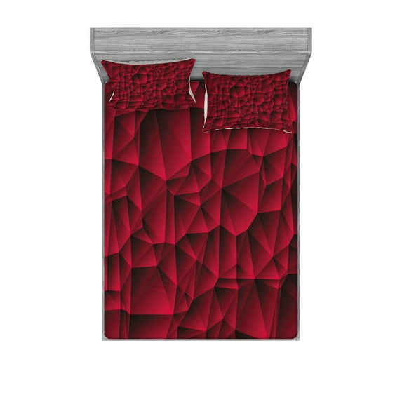 Maroon Fitted Sheet & Pillow Sham Set, Modern Geometric Contemporary Art Wave Like Shapes with Abstract Backdrop Image Print, Decorative Printed 6 Piece Bedding Decor Set, King, Maroon, by Ambesonne