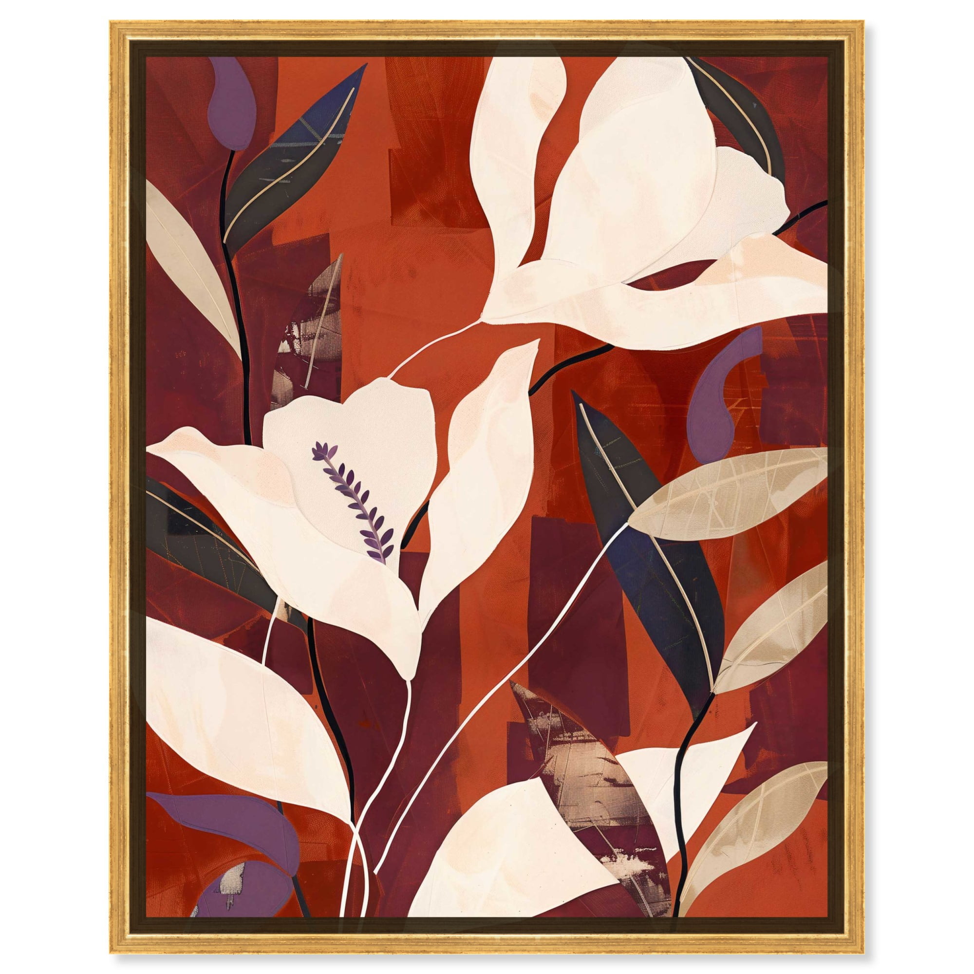 Maroon and Gold Abstract Floral Canvas Art with Wooden Frame