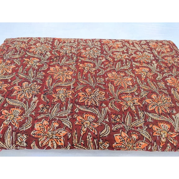 Maroon Floral Indian Kantha Quilt Handmade, Rust Block Print 100% Cotton Bedspread, Vintage Boho Indian Bedding