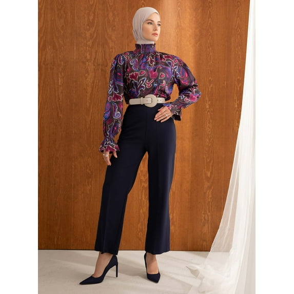 Maroon - Floral - Lined Collar - Blouses - Refka