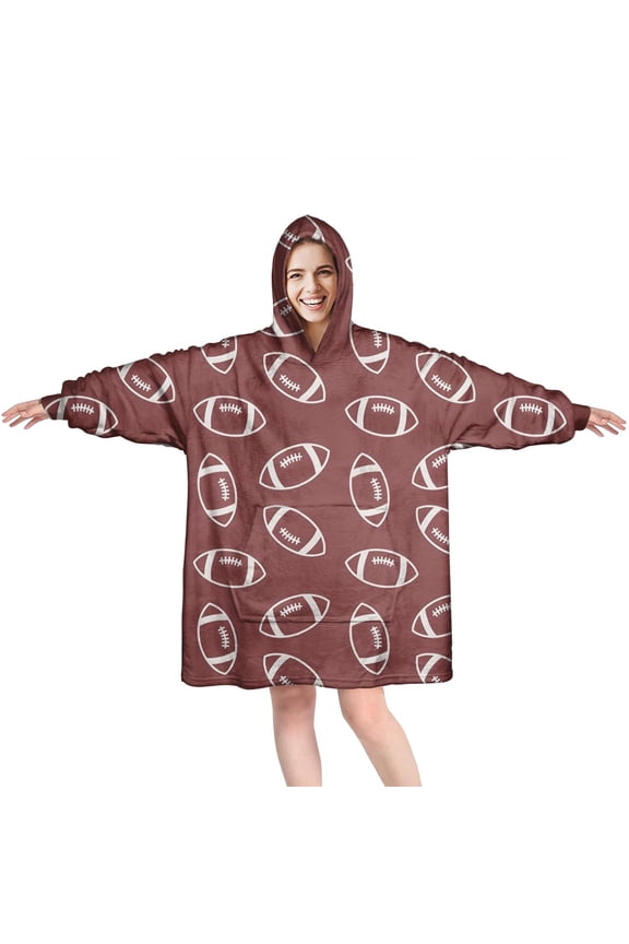 Maroon Footballs Pattern Wearable Oversized Blanket,Wearable Blanket Hoodie for Adults,Cozy Hooded Blankets with Super Pockets,Super Warm Fuzzy Pullover for Women & Men
