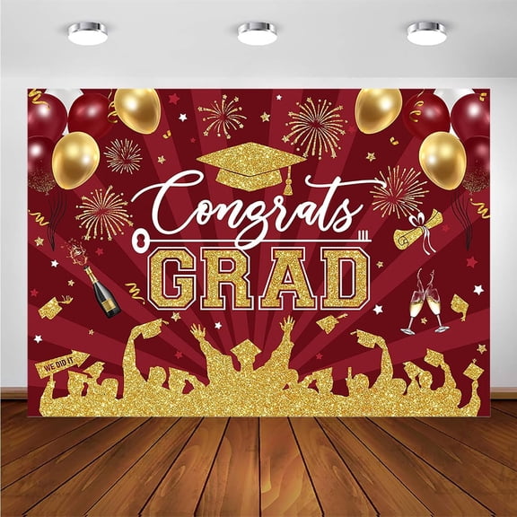 Maroon Gold Congrats Grad Backdrop Balloons Stars Confetti Class of 2026 Graduation Background Congratulate Graduate Party Decorations Banner Photo Booth Props
