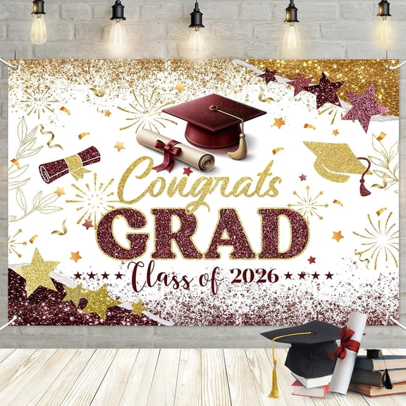 Maroon Gold Congrats Grad Backdrop Class of 2026 Graduation Background Congratulate Graduate Party Decorations Banner Photo Booth Props