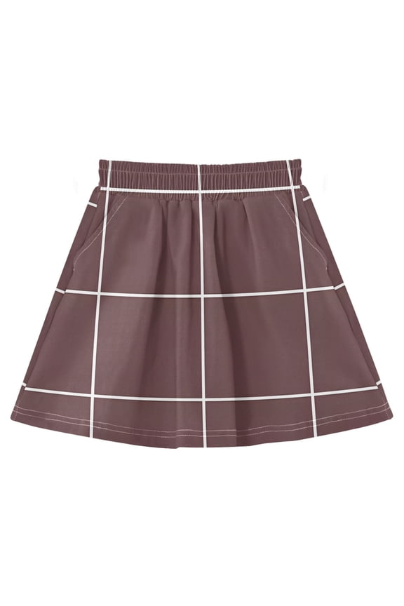 Maroon Grid Pattern Cotton Skirt Built-in Liner Elastic A-Line Flared Skirt with Pockets