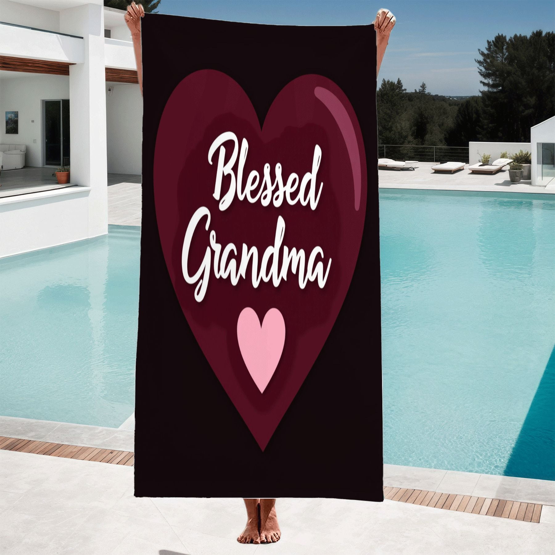 Maroon Heart Beach Towel - ' Blessed Grandma ' in White Cursive Perfect ...