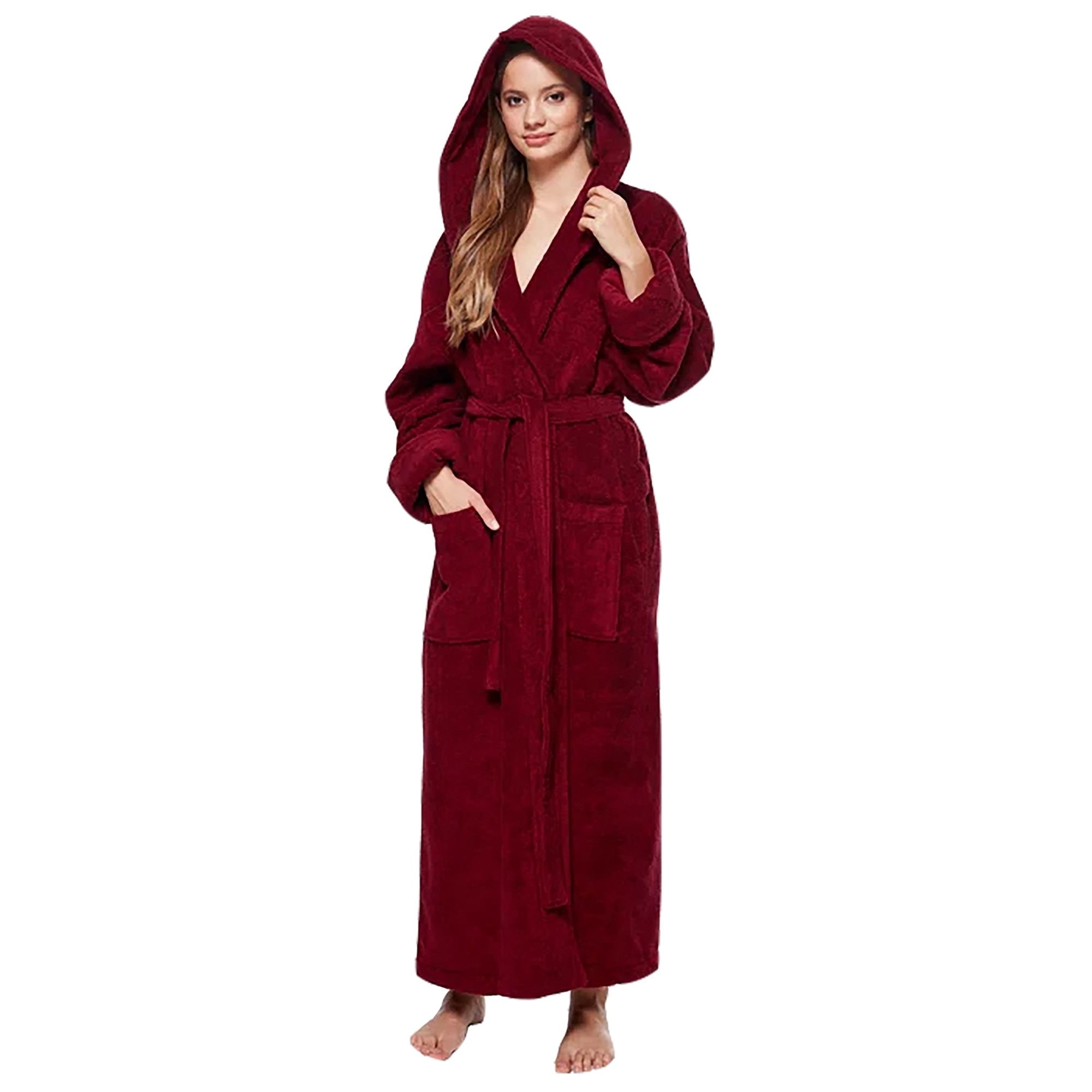 Women's Small Burgundy Cotton Hooded Full Length Bathrobe