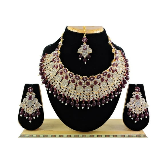 PARSHWA CREATIONS Maroon Kundan Jewelry Set, Gold-Plated, Necklace Earrings