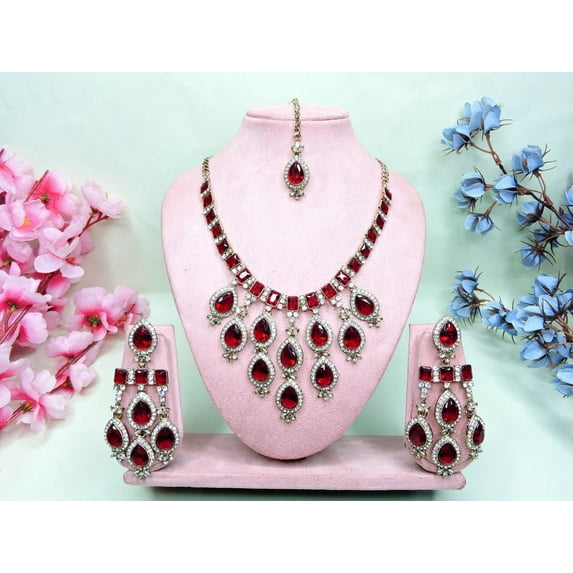 Maroon Indian Bollywood Fashion Style Gold Plated Wedding & Bridal Necklace Earrings Kundan Jewelry Set