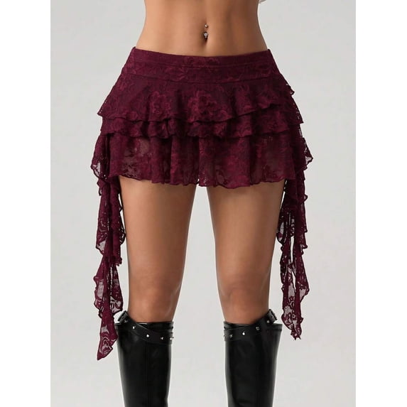 Maroon Lace Tiered Ruffle Asymmetrical Mini Skirt With Built-In Shorts