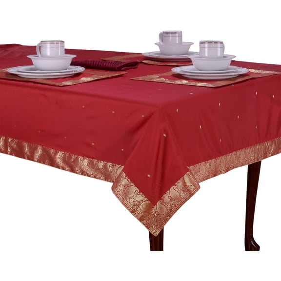 Maroon Lined Sari Fabric Tablecloth Golden Borders 60 X 102 in