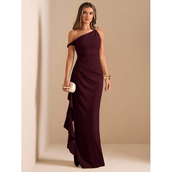Maroon One Shoulder Ruched Wrap Maxi Dress With Asymmetrical Ruffle Hem And Draped Detail