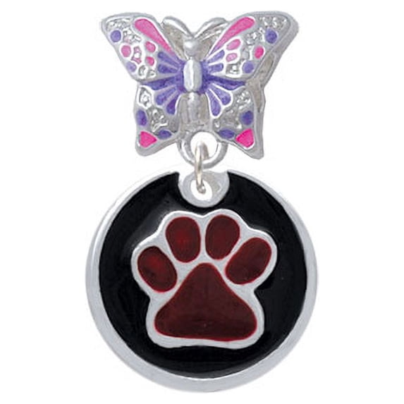 Maroon Paw on Black Disc - Butterfly Charm Bead