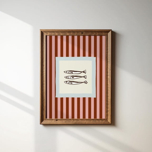 Maroon Pink Striped Illustration Sardines Vertical Portrait Minimalist Decor