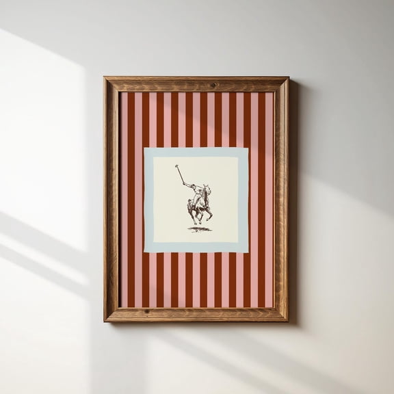 Maroon Pink Striped Polo Club Illustration Art Print Vertical Portrait Preppy Decor