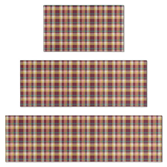 Maroon Pink Yellow Checkerboard Kitchen Rugs Set Of 3, 17"X30"+17"X47"+17"X59" Non-Skid Washable Anti-Fatigue Mats