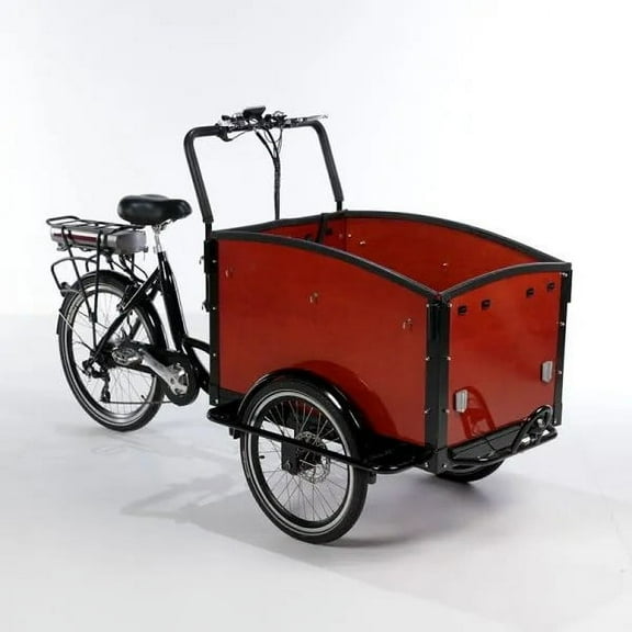 Maroon Red Electric Assist Family Cargo Tricycle, Dutch-Style 3-Wheel Cargo Cycle with Front Box